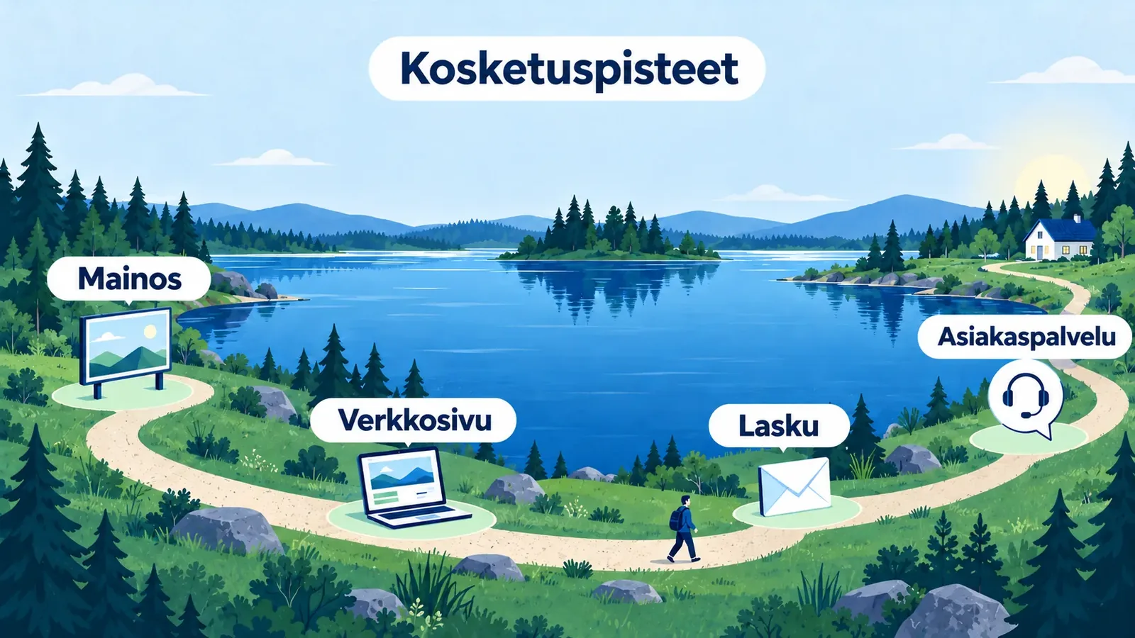 Järven rantaa kiertävä polku, jonka otsikko on kosketuspisteet. Polun varrella ovat mainos, verkkosivu, lasku ja asiakaspalvelu, ja polkua kulkee asiakas kohti taloa.