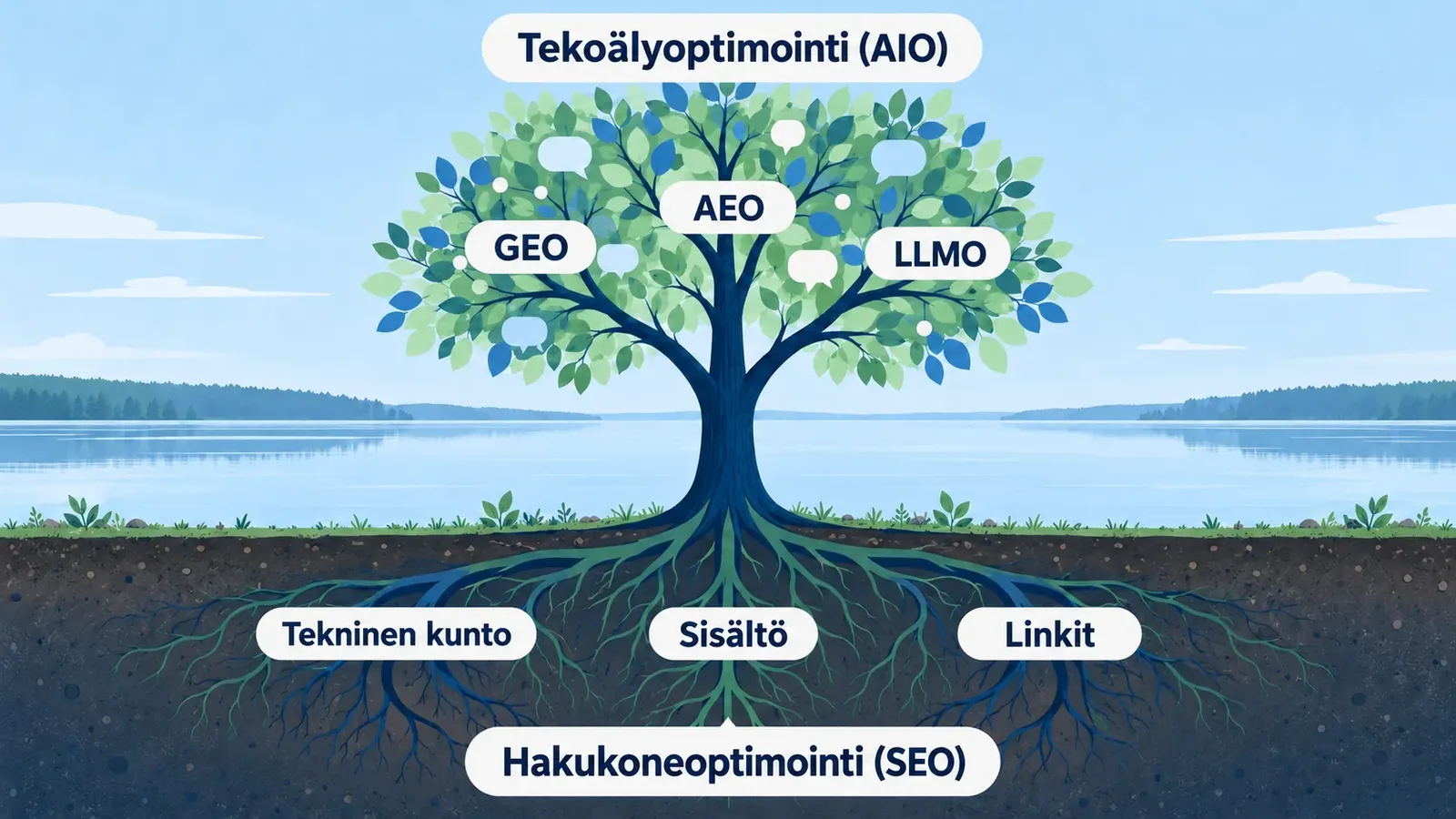 Puu järven rannalla. Juuret on nimetty hakukoneoptimoinniksi (SEO), ja niiden osat ovat tekninen kunto, sisältö ja linkit. Latvus on tekoälyoptimointi (AIO), ja sen oksat ovat GEO, AEO ja LLMO.