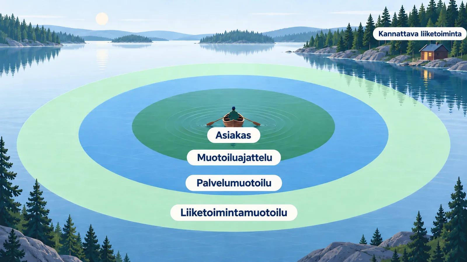 Järven keskellä veneessä on asiakas, ja hänen ympärilleen leviää kolme rengasta, jotka on nimetty muotoiluajatteluksi, palvelumuotoiluksi ja liiketoimintamuotoiluksi. Rannalla on talo, jonka nimi on kannattava liiketoiminta.