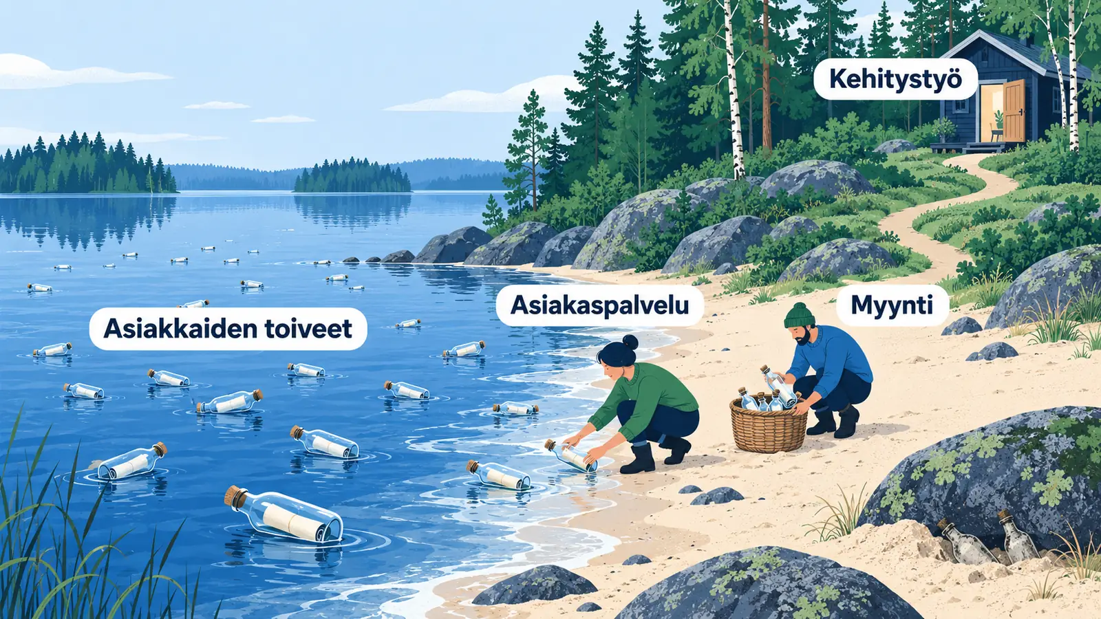 Järveltä ajautuu rantaan pullopostia, jonka nimi on asiakkaiden toiveet. Rannalla asiakaspalvelu ja myynti keräävät pulloja koriin, ja polku vie metsän reunassa olevaan mökkiin, jonka nimi on kehitystyö. Osa pulloista jää huomaamatta kiven viereen hiekkaan.